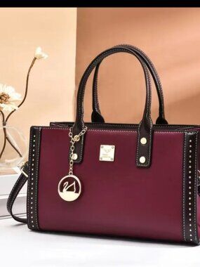 Burgundy Studded Handbag w/ Crossbody Strap | Elegant Tote Purse